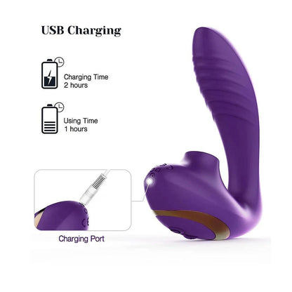 Purple G-spot and clitoral suction stimulator with USB charging capability.