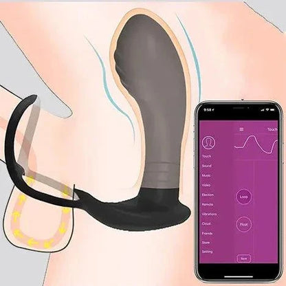 Male prostate massage device with Bluetooth app control displayed beside a smartphone screen showing app interface.