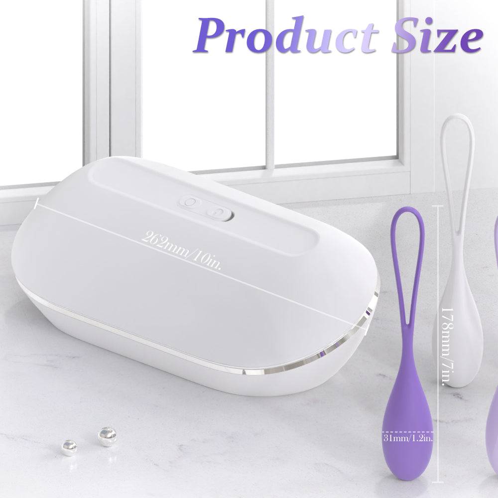 Miracle medical grade Kegel ball with UV sterilization and accessories in gift box with product dimensions displayed.