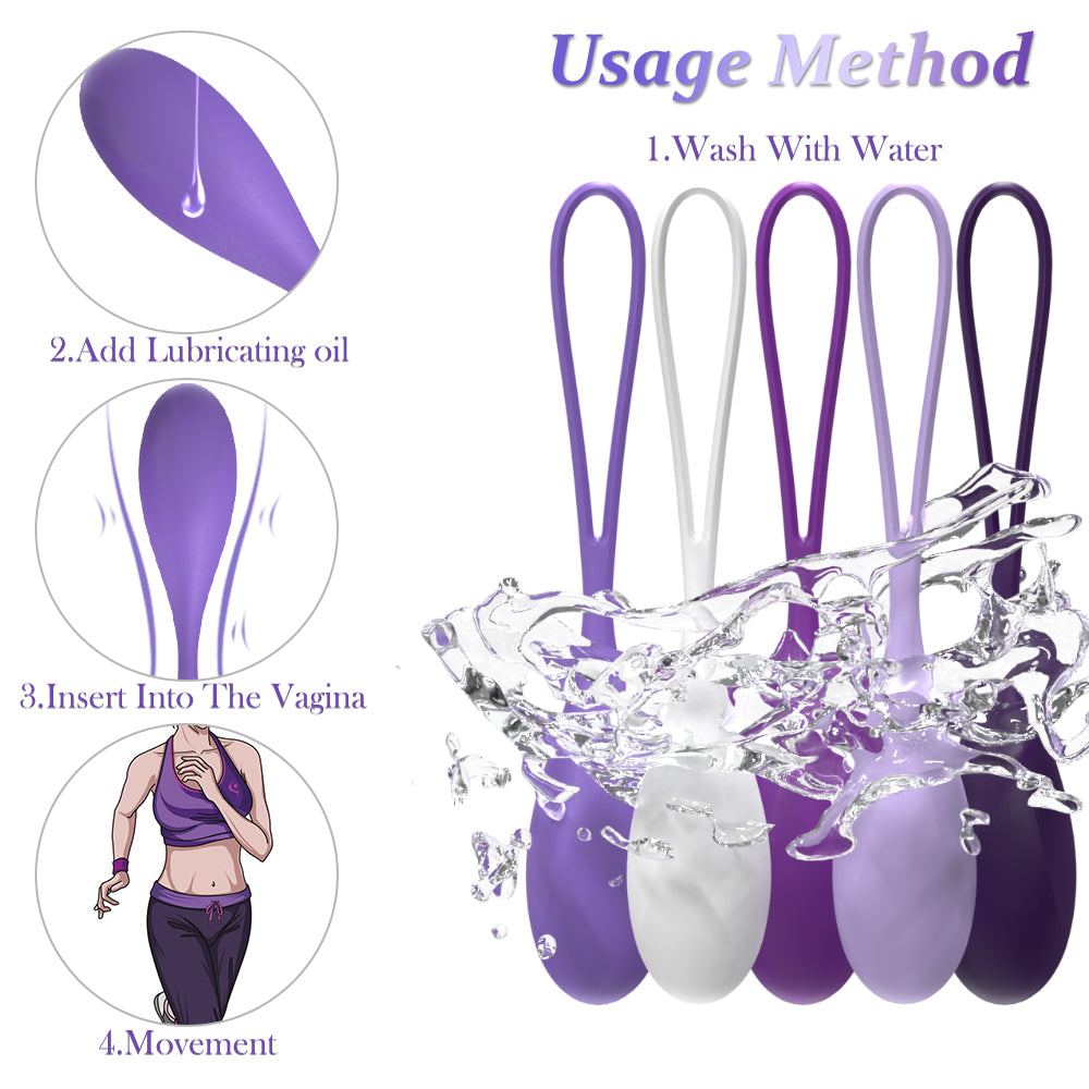 Kegel balls with UV sterilization, shown in various colors, alongside usage instructions including washing, lubrication, insertion, and movement.