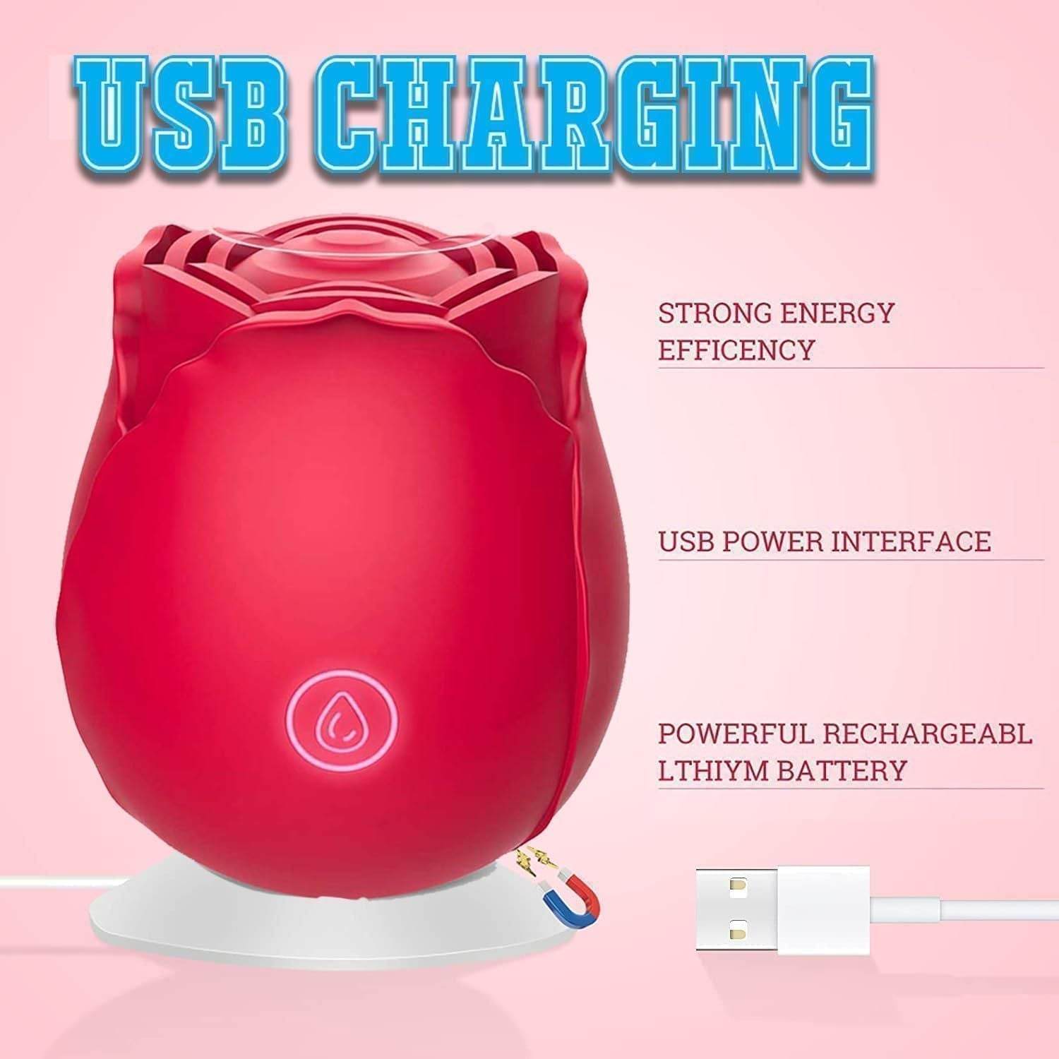 Rose clitoral suction stimulator with USB charging and powerful rechargeable lithium battery.