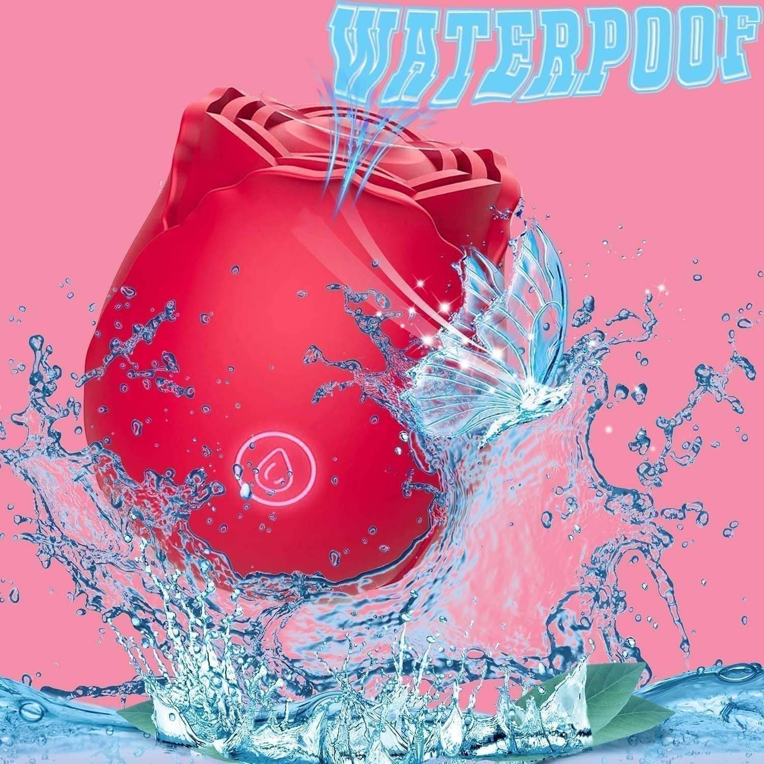 Rose-shaped clitoral suction stimulator, waterproof design, vibrant red with floral motif.