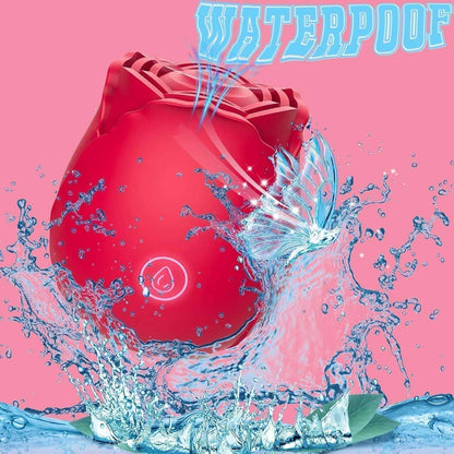 Rose-shaped clitoral suction stimulator, waterproof design, vibrant red with floral motif.
