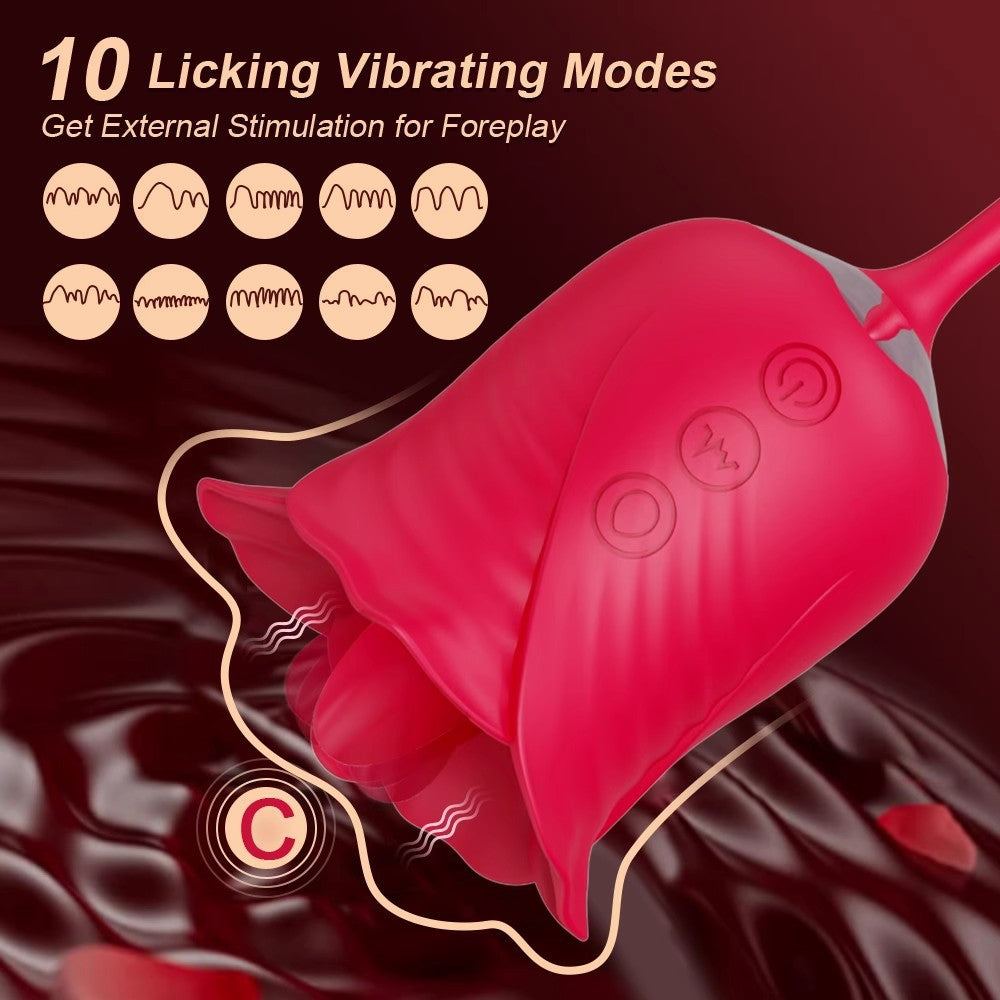 Rose Petal Sucking Telescopic Vibrator with 10 licking vibrating modes for foreplay stimulation.