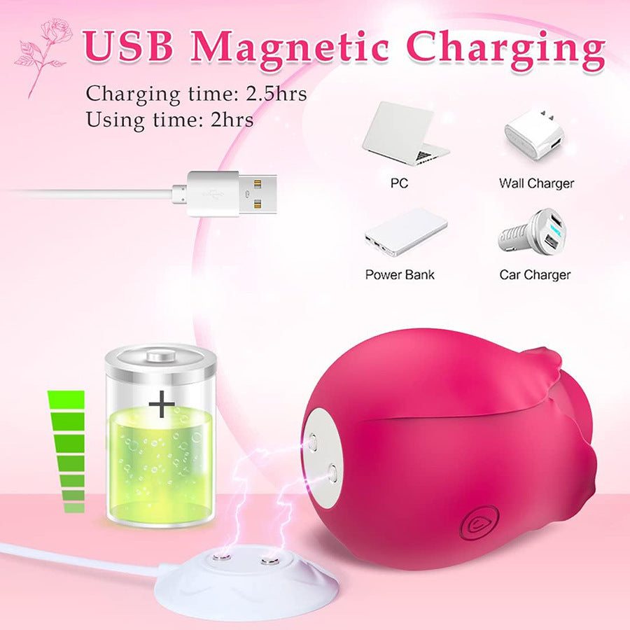 USB magnetic charging for Rose Clitoral Suction Stimulator with charging time of 2.5 hours.