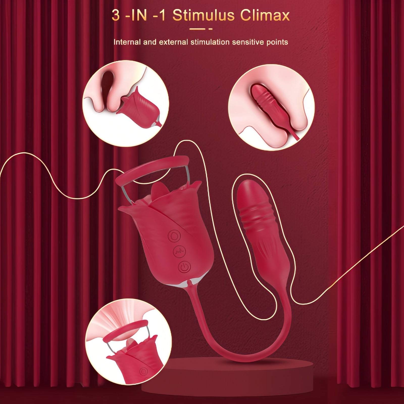Rose Petal Sucking Telescopic Vibrator with 10 suctions and thrusting dildo.