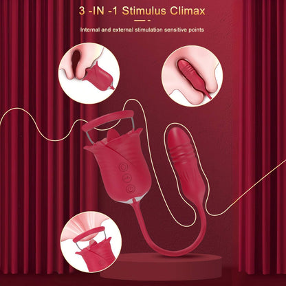 Rose Petal Sucking Telescopic Vibrator with 10 suctions and thrusting dildo.