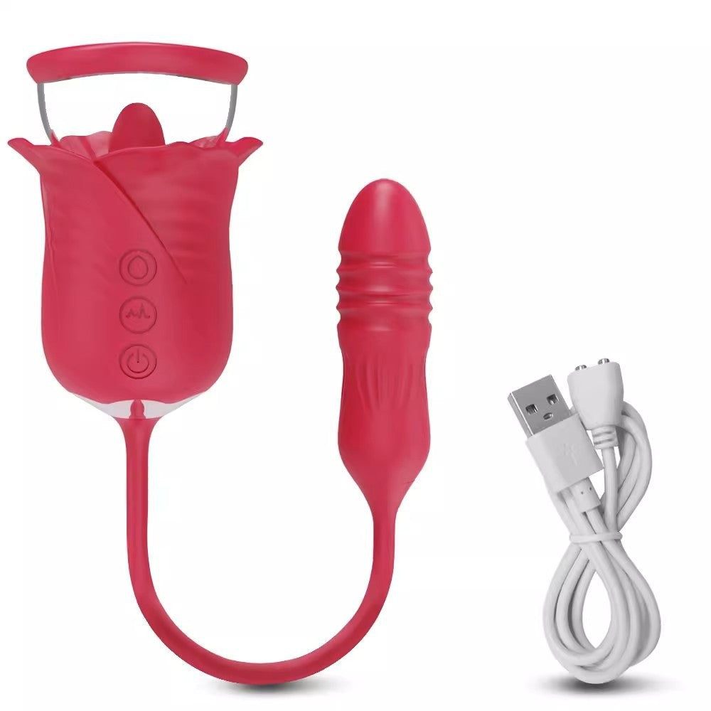 Rose Petal Sucking Telescopic Vibrator with 10 suction modes and thrusting patterns, USB rechargeable, compact design.