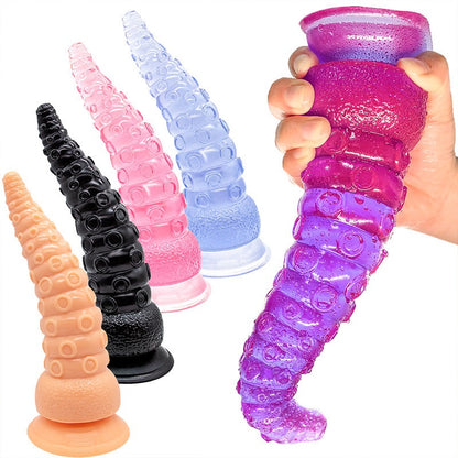 Octopus Tentacle Dildo Anal Plug with realistic PVC shaft, rolling beads, and suction cup base in assorted colors.