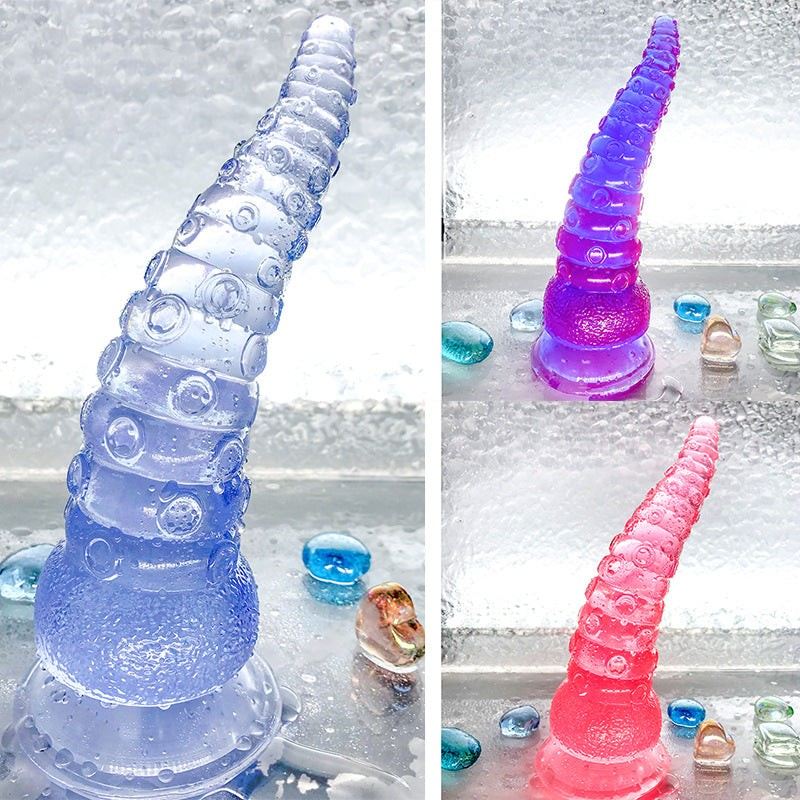 Octopus Tentacle Dildo Anal Plug with suction base and realistic texture in blue, purple, and pink.