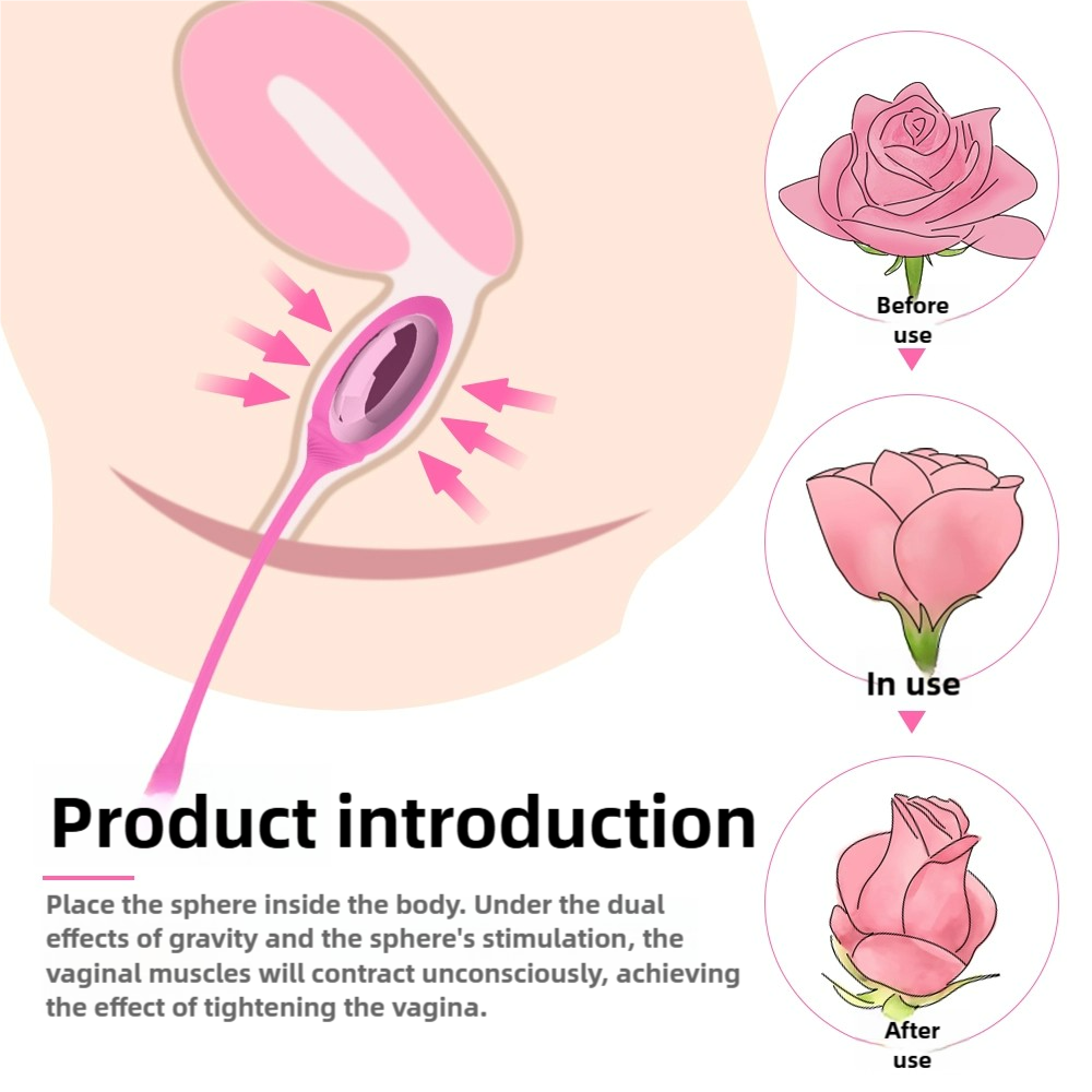 Rose Medical Grade Vaginal Tightening Kegel Exercise Balls illustration showing usage process, emphasizing muscle contraction and tightening effect.