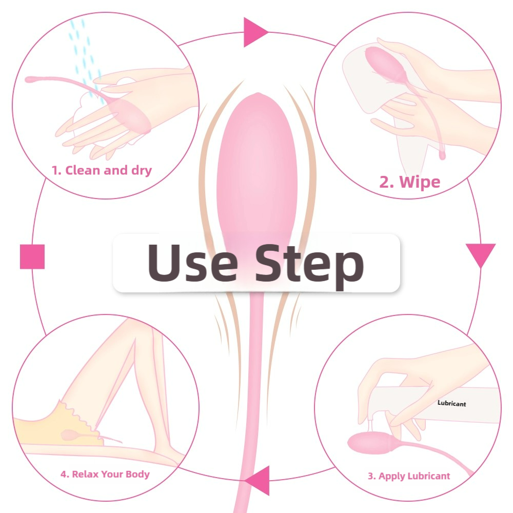 Instructions for using Rose Medical Grade Vaginal Tightening Kegel Exercise Balls showing steps for cleaning, wiping, applying lubricant, and relaxing body.