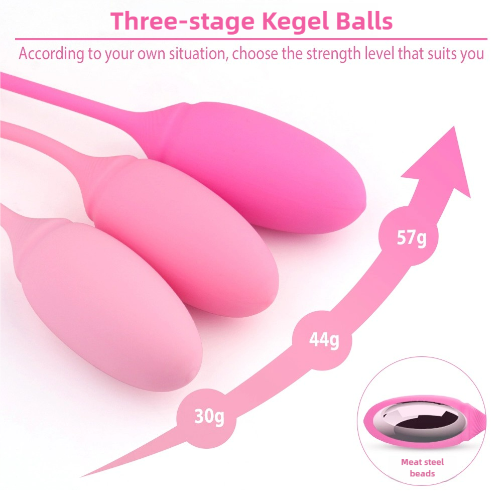Three pink medical grade Kegel exercise balls of varying weights for vaginal tightening.
