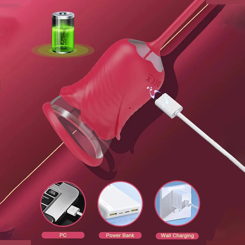 Rose Petal Sucking Telescopic Vibrator with USB charging capabilities.