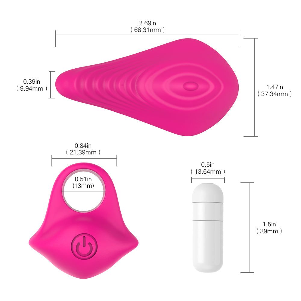 Pink finger vibrator with G-spot stimulation and teasing sleeve, pleasure wand dimensions displayed.