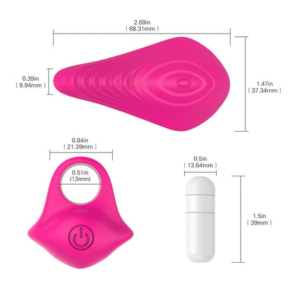Pink finger vibrator with G-spot stimulation and teasing sleeve, pleasure wand dimensions displayed.