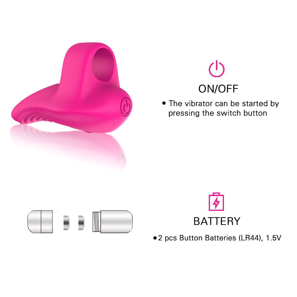 Pink finger vibrator with G-spot stimulation, teasing finger sleeve, and button battery details.