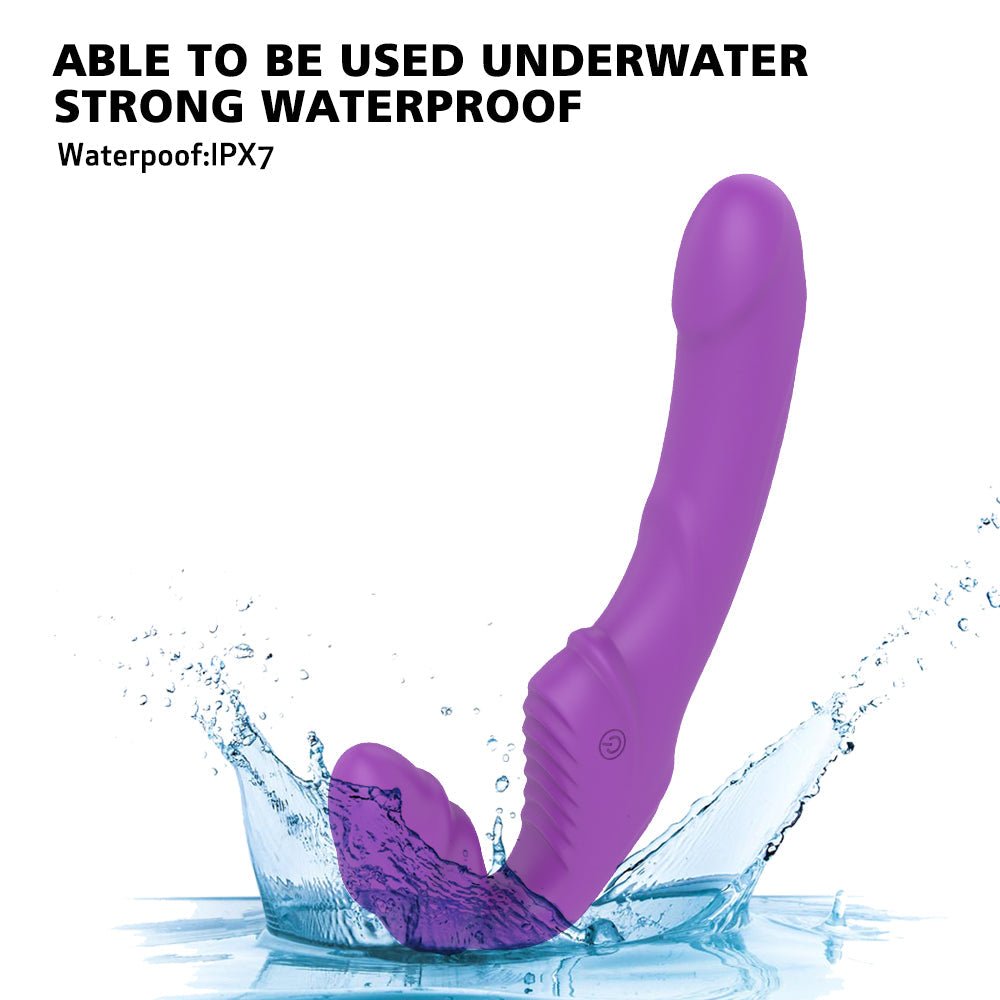 Rechargeable wearable vibrating dildo, waterproof, silicone strap-on with dual-head vibration and removable USB rechargeable bullet vibrator.
