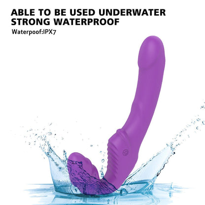 Rechargeable wearable vibrating dildo, waterproof, silicone strap-on with dual-head vibration and removable USB rechargeable bullet vibrator.