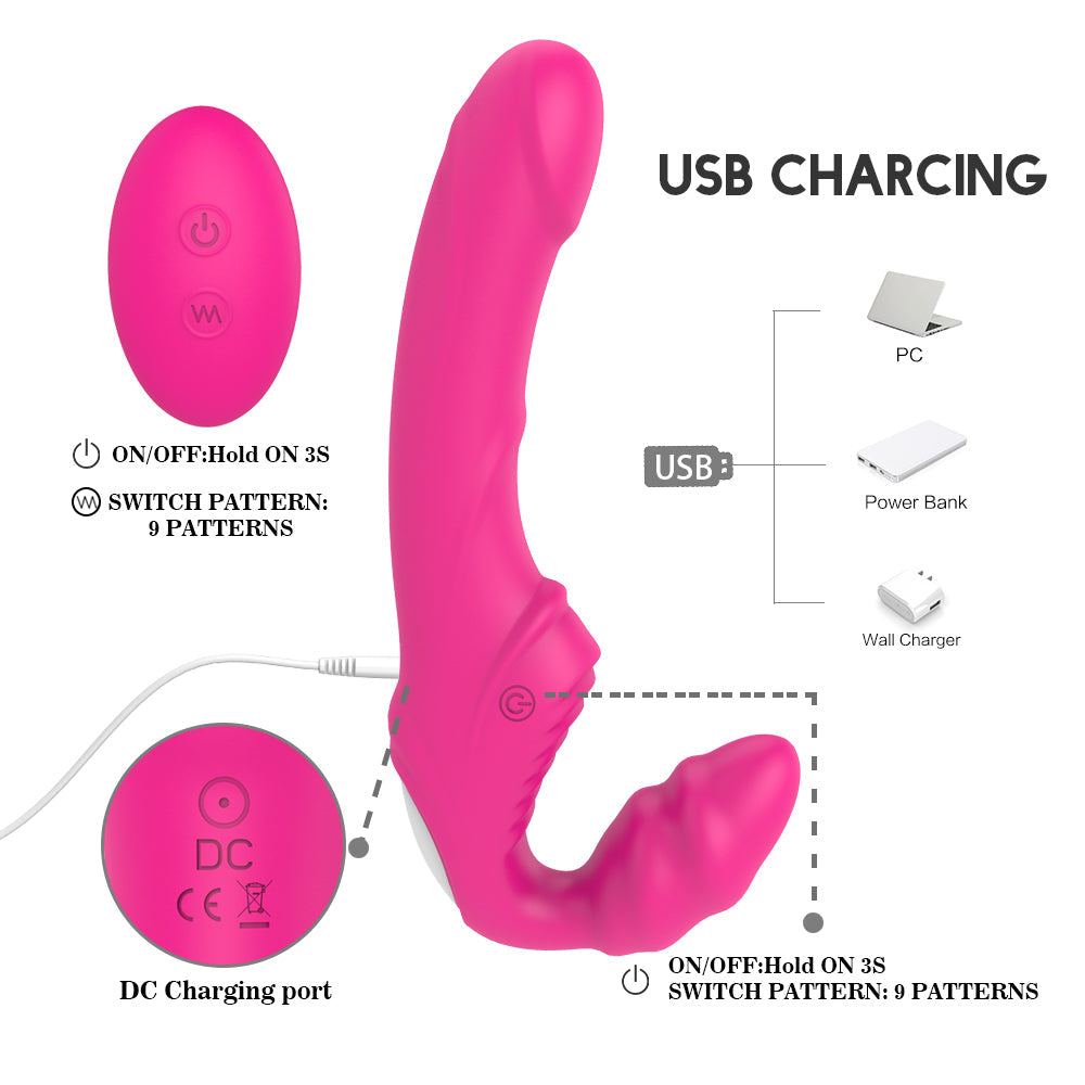 Rechargeable wearable vibrating dildo with removable USB bullet vibrator and posable silicone strap-on design.