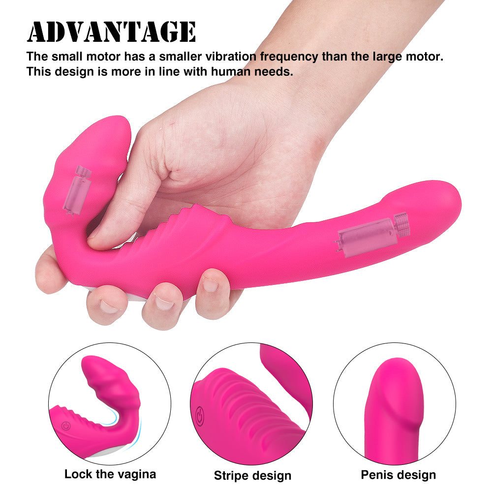 Rechargeable wearable vibrating dildo in pink with dual-head, posable strap-on design featuring a removable USB rechargeable bullet vibrator.