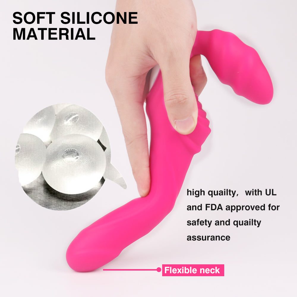 Rechargeable wearable vibrating dildo with flexible neck and soft silicone material.