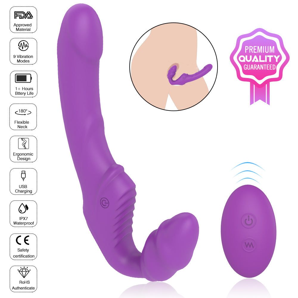 Rechargeable wearable vibrating dildo, non-realistic strapless silicone strap-on, dual-head vibrator with rechargeable bullet.