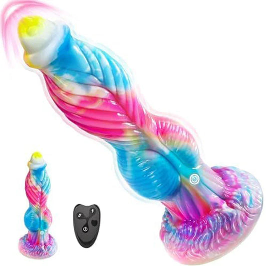 Dreamy 10 inch remote control thrusting dildo with colorful blue and pink design, including remote control.