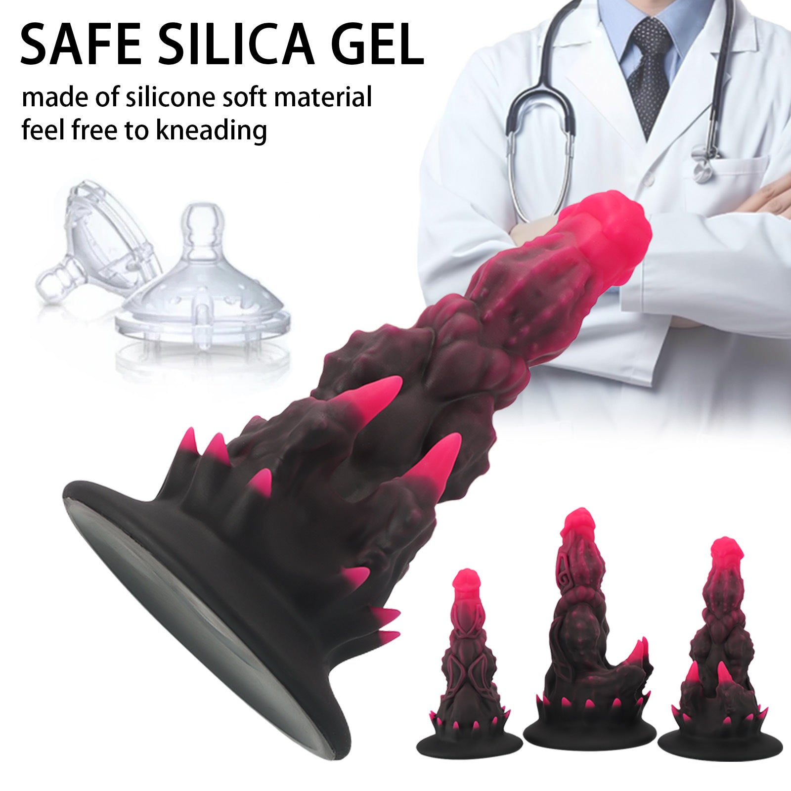 Silicone monster dildo with suction cup shown in multiple sizes.