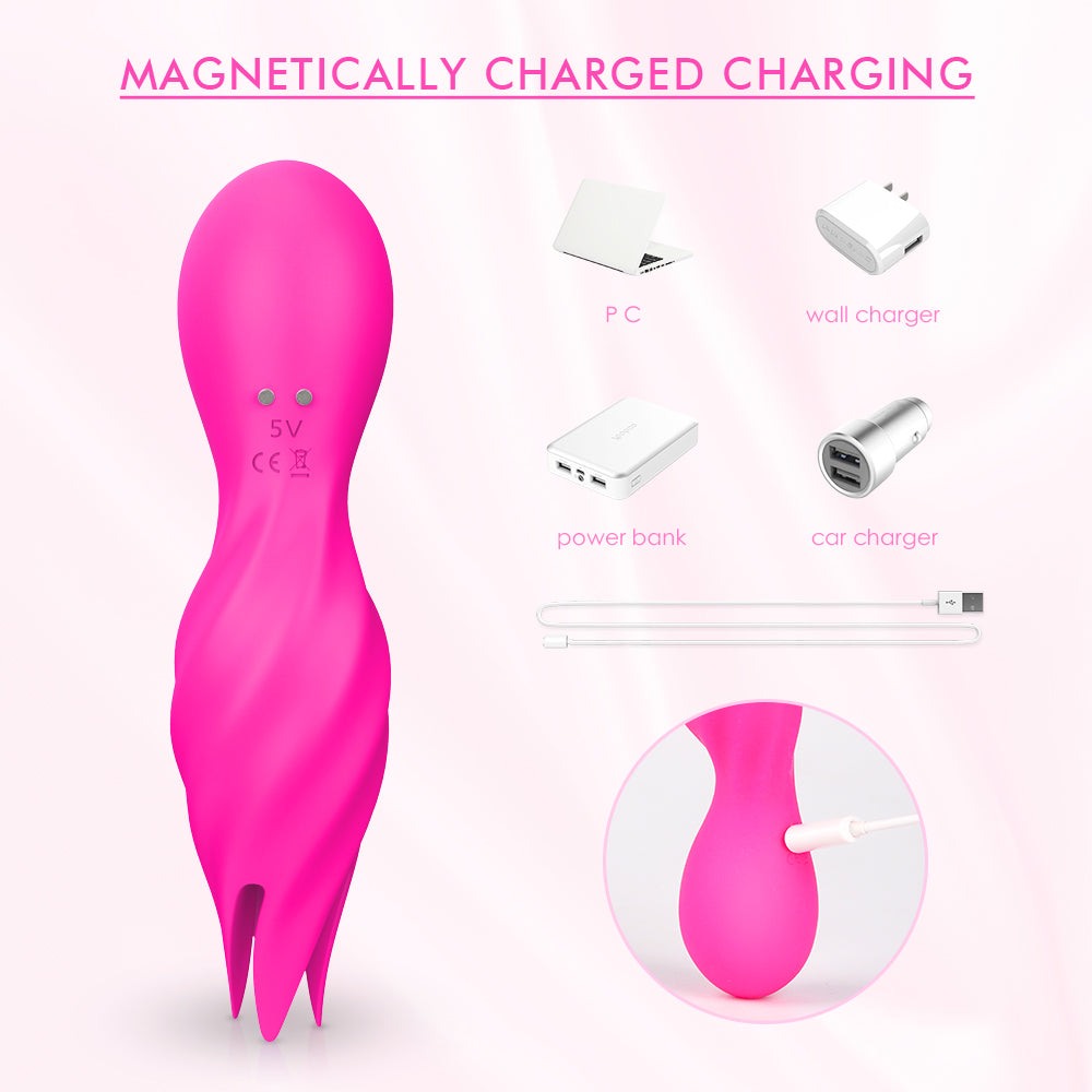 Rechargeable clitoral stimulator with dual-head vibration and magnetic charging.