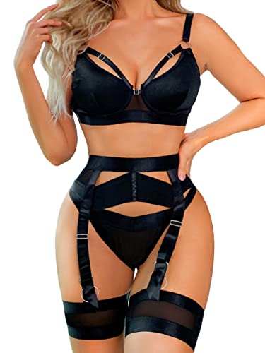 Garter lingerie set for women, sexy lace sheer matching four-piece ensemble.