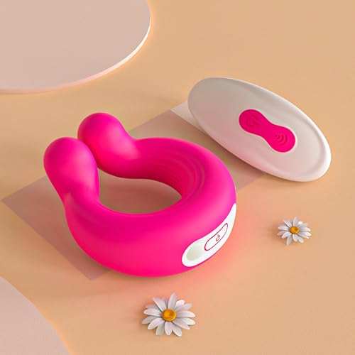 Invisible wearable penis ring vibrator with remote control, pink silicone material, and magnetic charger.