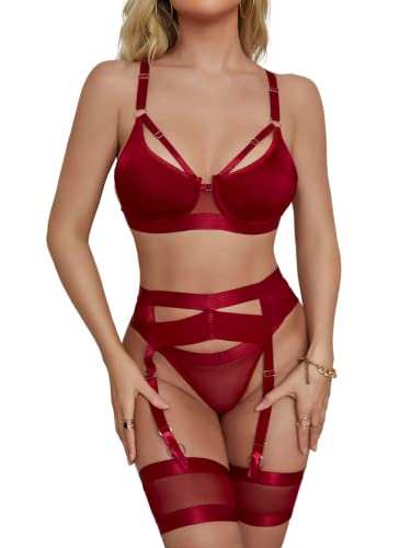 Red velvet garter lingerie set for women with lace detailing and adjustable straps.
