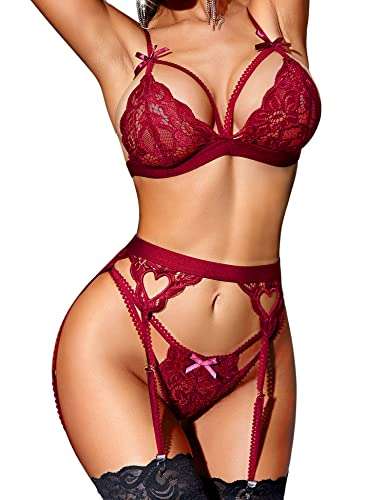 RSLOVE women lingerie set with garter belt, lace teddy bodysuit in deep red, heart-shaped cut-out panels.