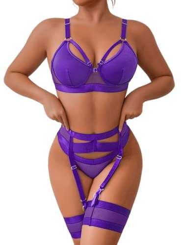 Garter lingerie for women, sexy lace four-piece set in purple with adjustable straps and garter belt.