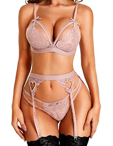 RSLOVE Women Lingerie Sets with Garter Belt, Lace Teddy Babydoll Bodysuit in blush pink, featuring delicate sheer lace, satin bow accents, and adjustable straps.