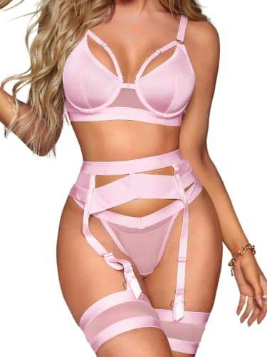 Garter lingerie set for women with pink lace bra, garter belt, and matching panties.