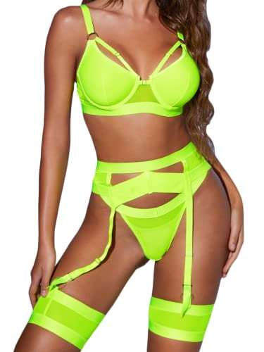 Sexy garter lingerie for women in bright neon green lace, four-piece set with adjustable straps and garter belt.