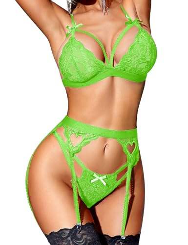 RSLOVE Women Lingerie Set with Garter Belt, green lace teddy babydoll bodysuit, three-piece sexy lingerie.