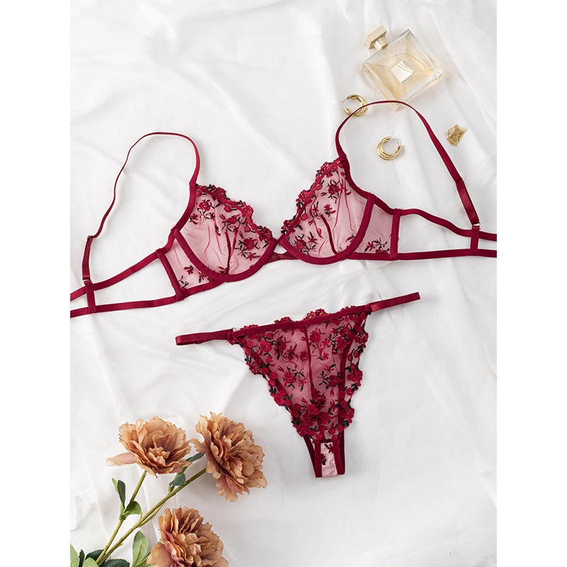 Wesweetie bestselling underwire sheer mesh lingerie set in red with floral detailing.