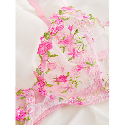 Wesweetie bestselling underwire sheer mesh lingerie set with pink floral embroidery.
