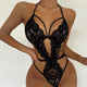 Lace bodysuit babydoll teddy underwear in black with deep V neckline.