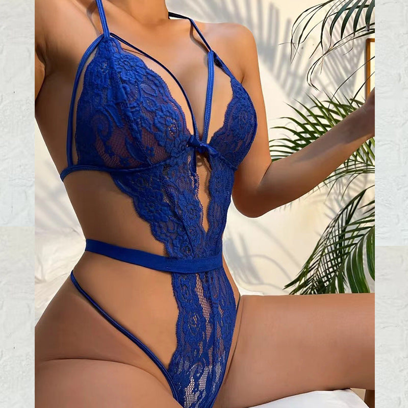 Lace bodysuit babydoll teddy underwear with deep V neckline.