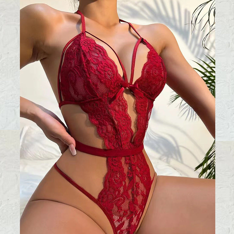 Lace bodysuit babydoll teddy underwear in deep red with deep V design.