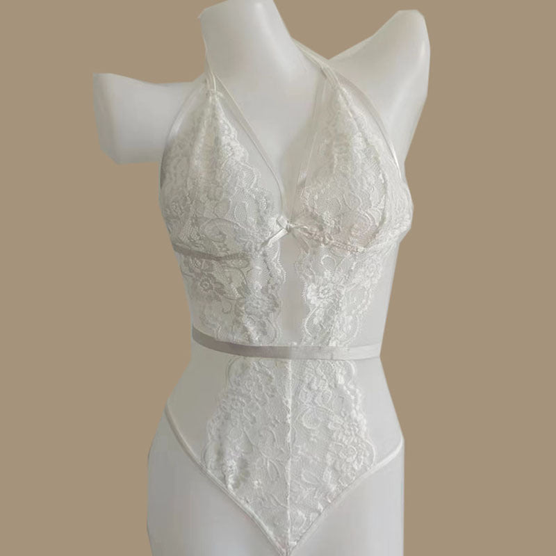 Lace bodysuit babydoll teddy underwear in white with deep V design.