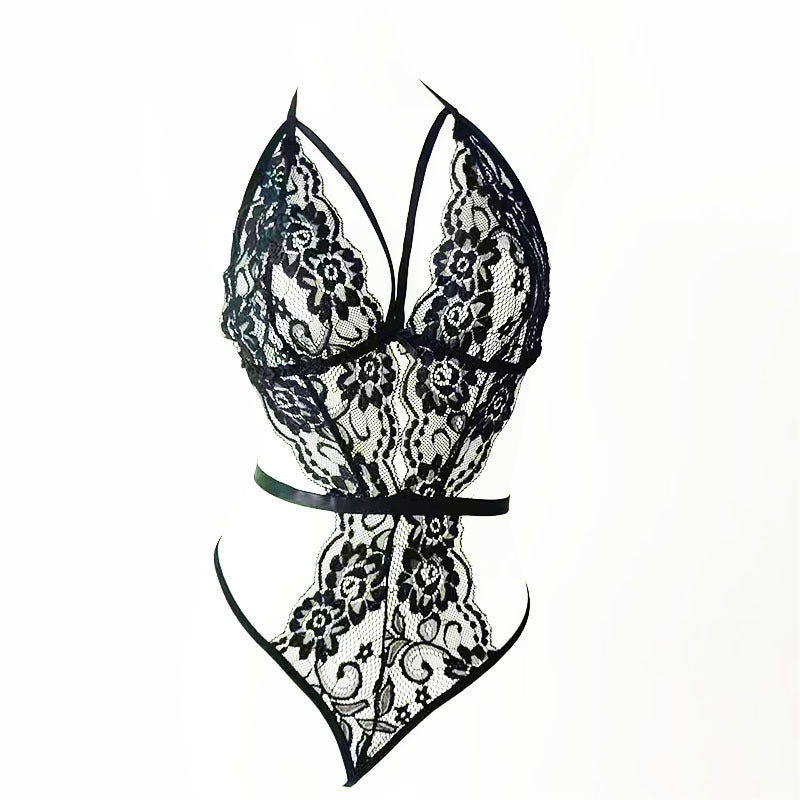 Lace bodysuit deep V babydoll teddy underwear.