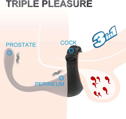 Adjustable rings and vibrators for triple pleasure with cock ring, taint vibe, and prostate massager.