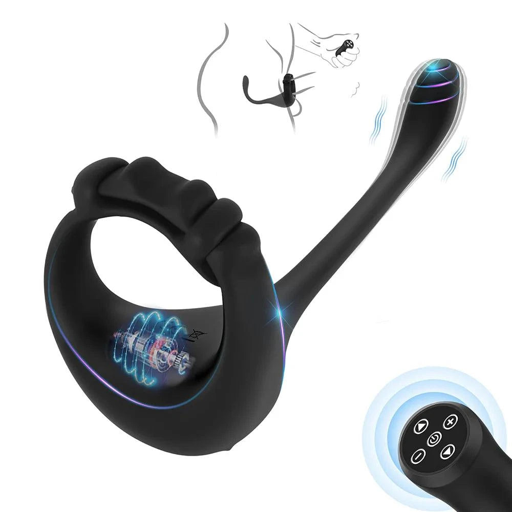 Adjustable silicone vibrating rings and prostate massager with remote control and intense vibration modes.