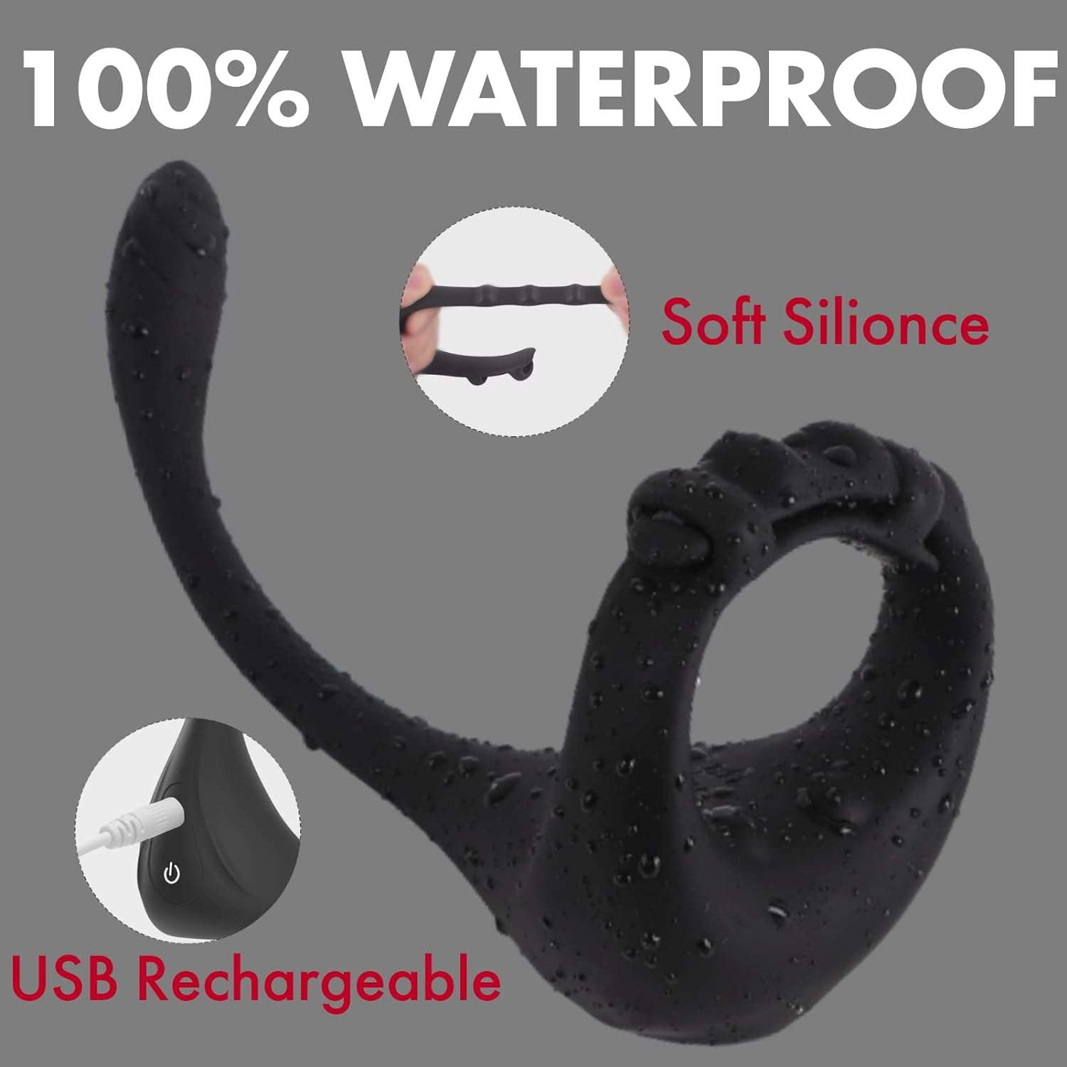 Adjustable silicone rings and vibrators, 100% waterproof, USB rechargeable, soft silicone material.