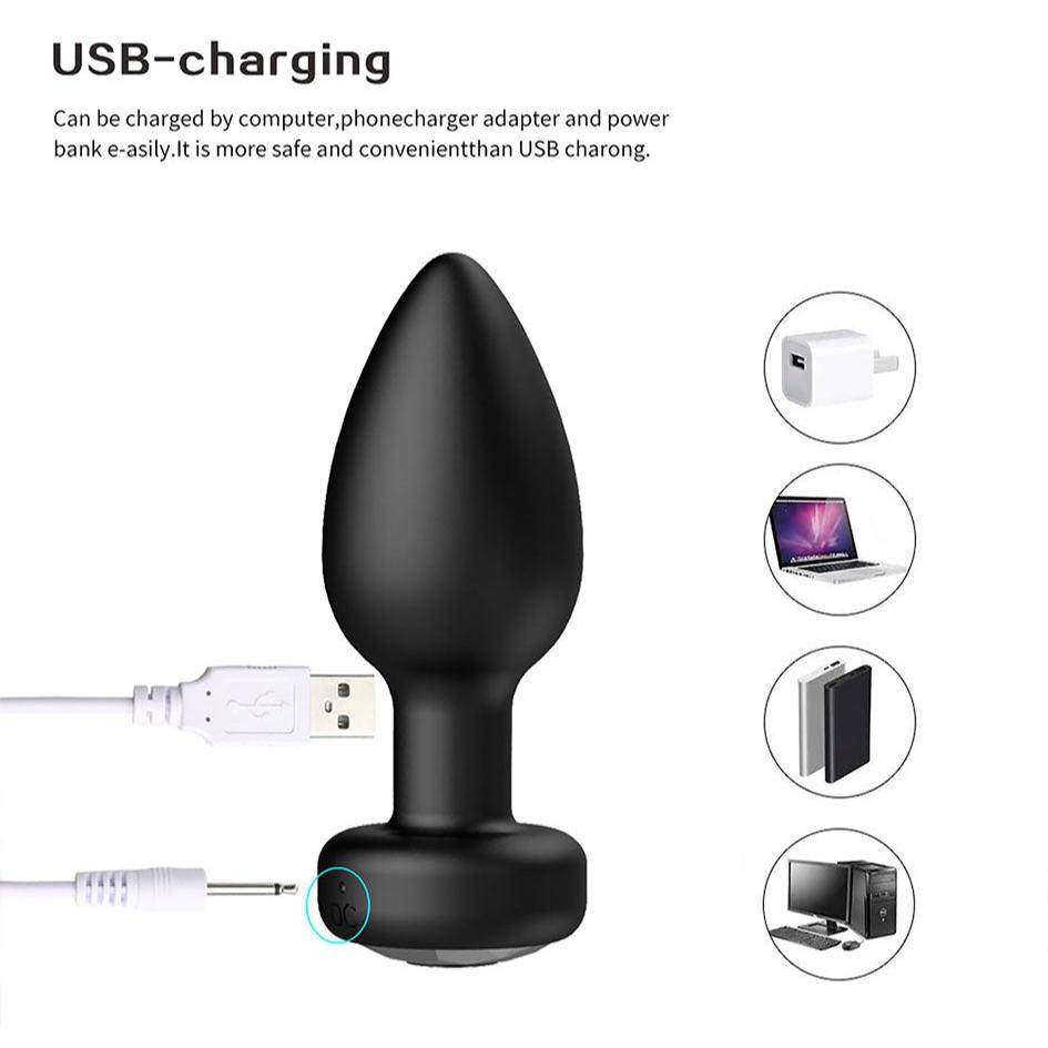 USB charging anal plug adult sex toy with silicone material and vibration modes for beginners and couples.